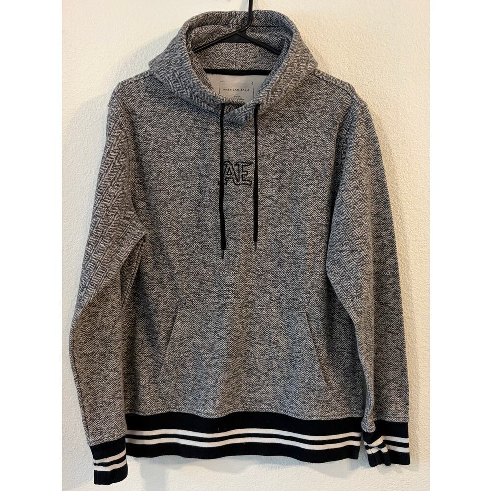 American Eagle Hoodie Men's Small Gray Herringbone Pullover Logo Sweatshirt